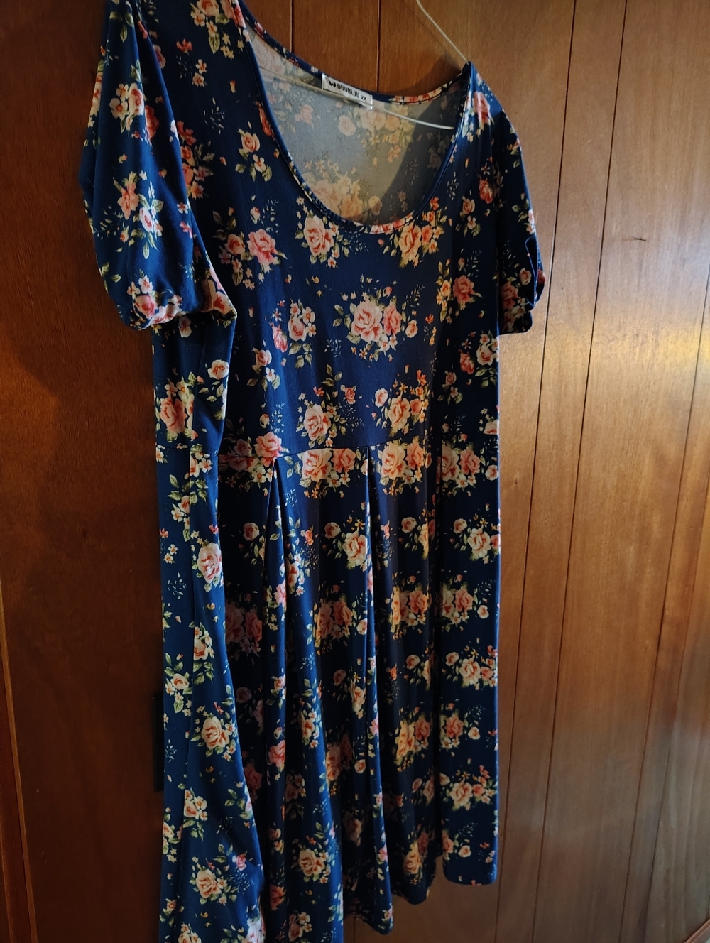 Doublju Navy Floral Swing Dress with Pink Rose Print